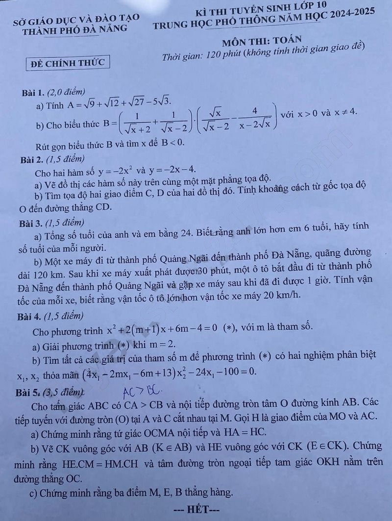Đề thi tuyển sinh lớp 10 môn Toán Đà Nẵng 2024