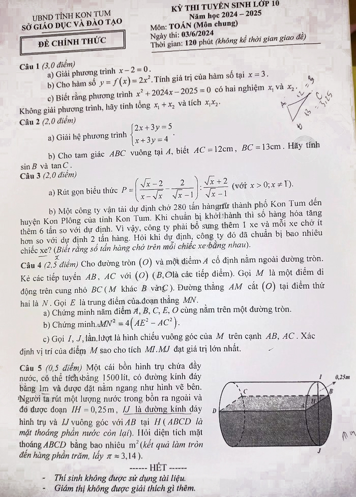 Đề Toán tuyển sinh lớp 10 Kon Tum 2024