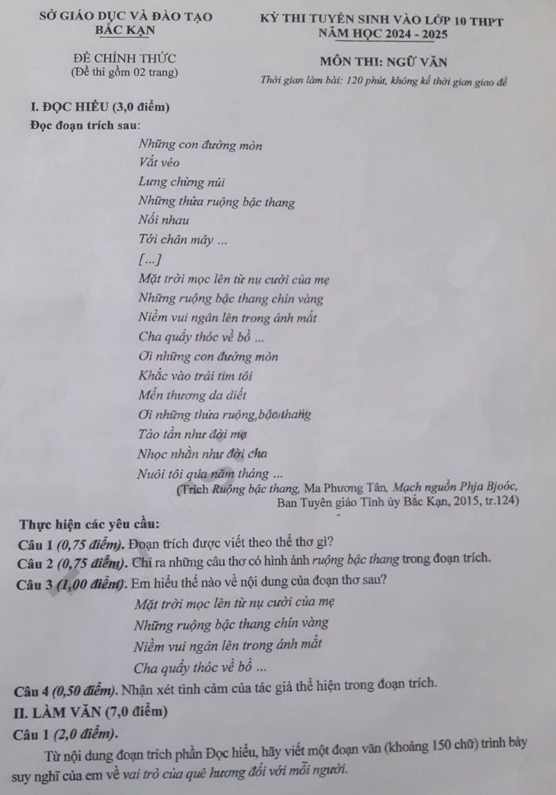 Đề thi tuyển sinh lớp 10 môn Văn Bắc Kạn 2024