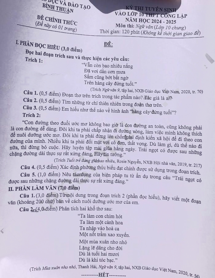 Đề Văn tuyển sinh lớp 10 năm 2024 Bình Thuận