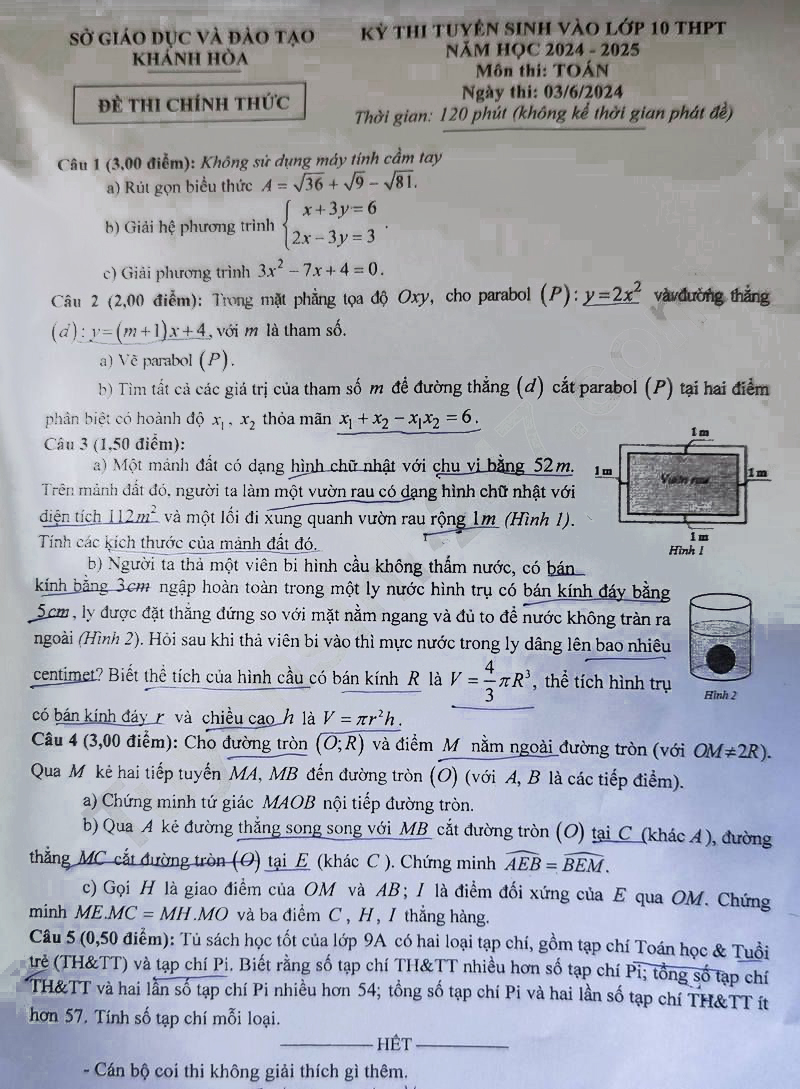 Đề thi tuyển sinh 10 môn Toán Khánh Hòa 2024