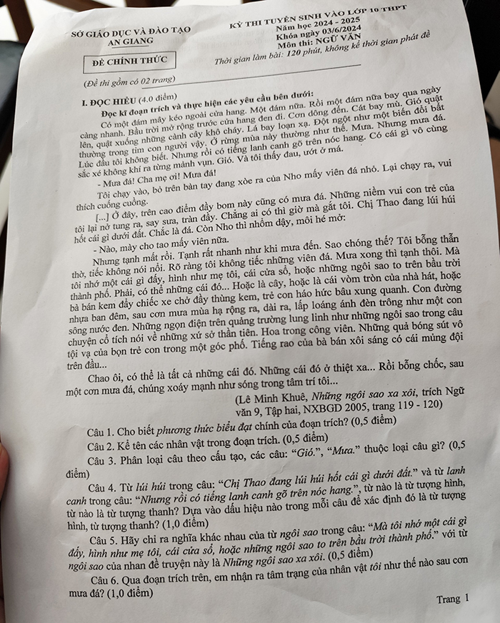 Đề thi tuyển sinh lớp 10 môn Văn An Giang 2024