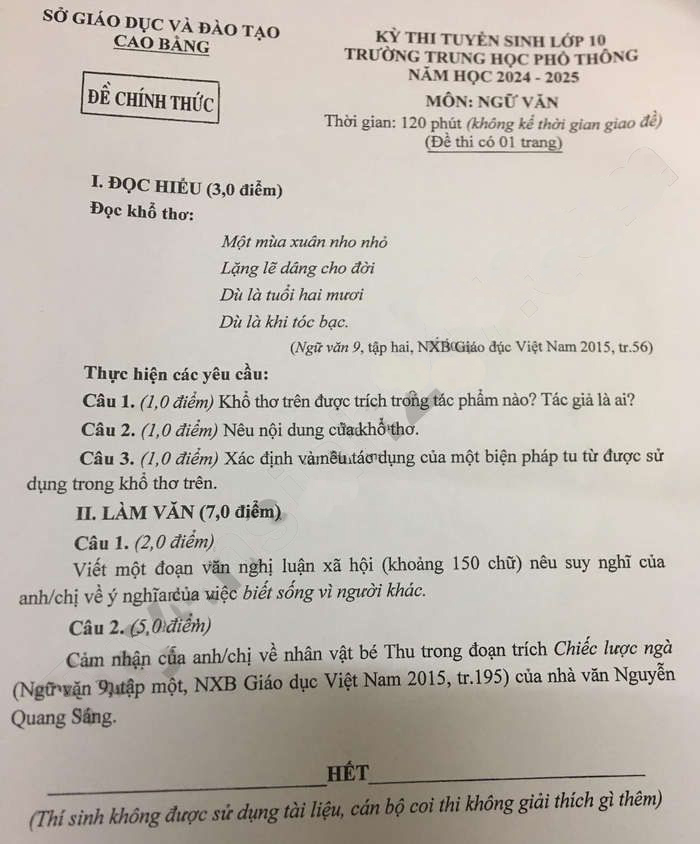 Đề thi tuyển sinh lớp 10 môn Văn Cao Bằng 2024-2025