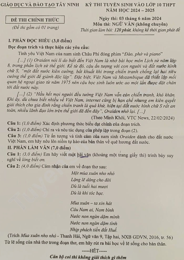 Đề thi tuyển sinh lớp 10 môn Văn Tây Ninh 2024