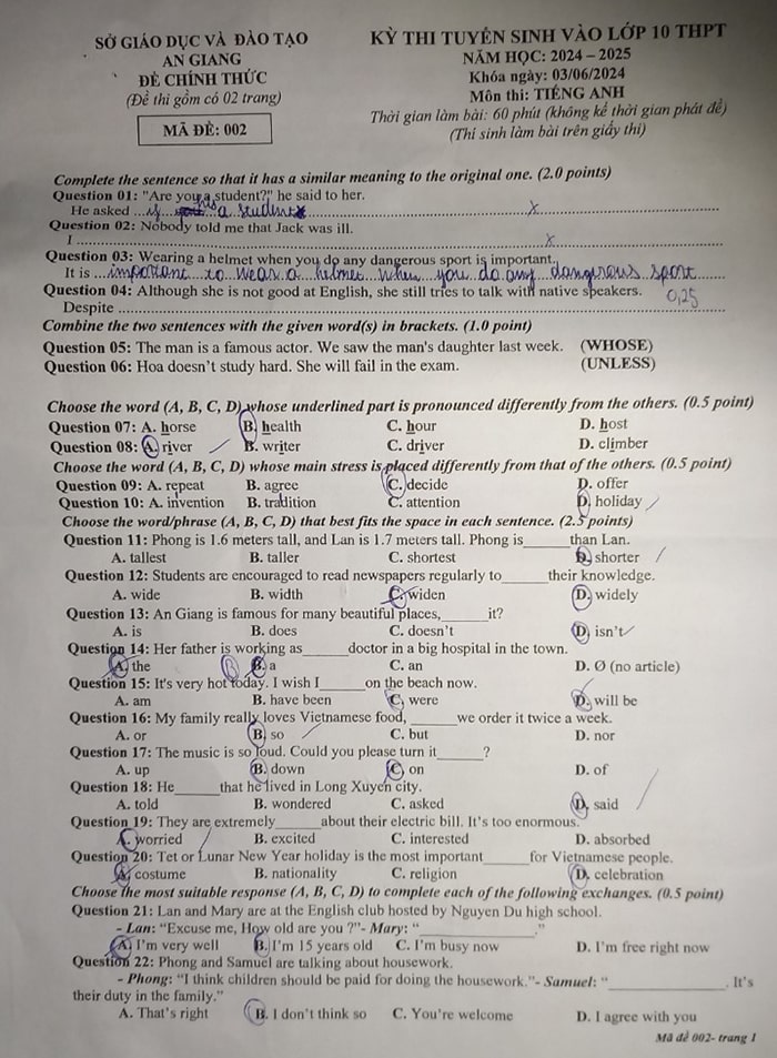 Đề thi tuyển sinh lớp 10 môn Anh An Giang 2024