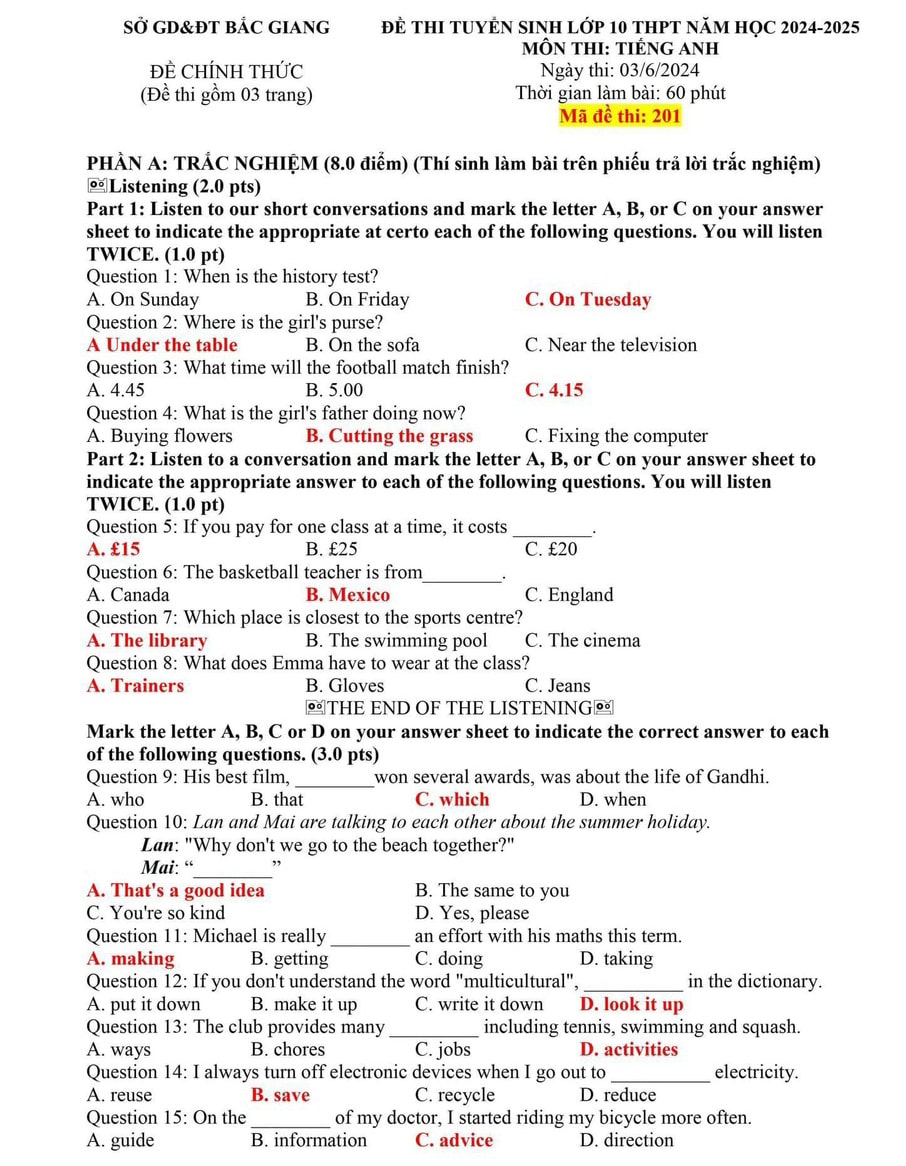 Đề thi Tiếng Anh vào 10 Bắc Giang 2024