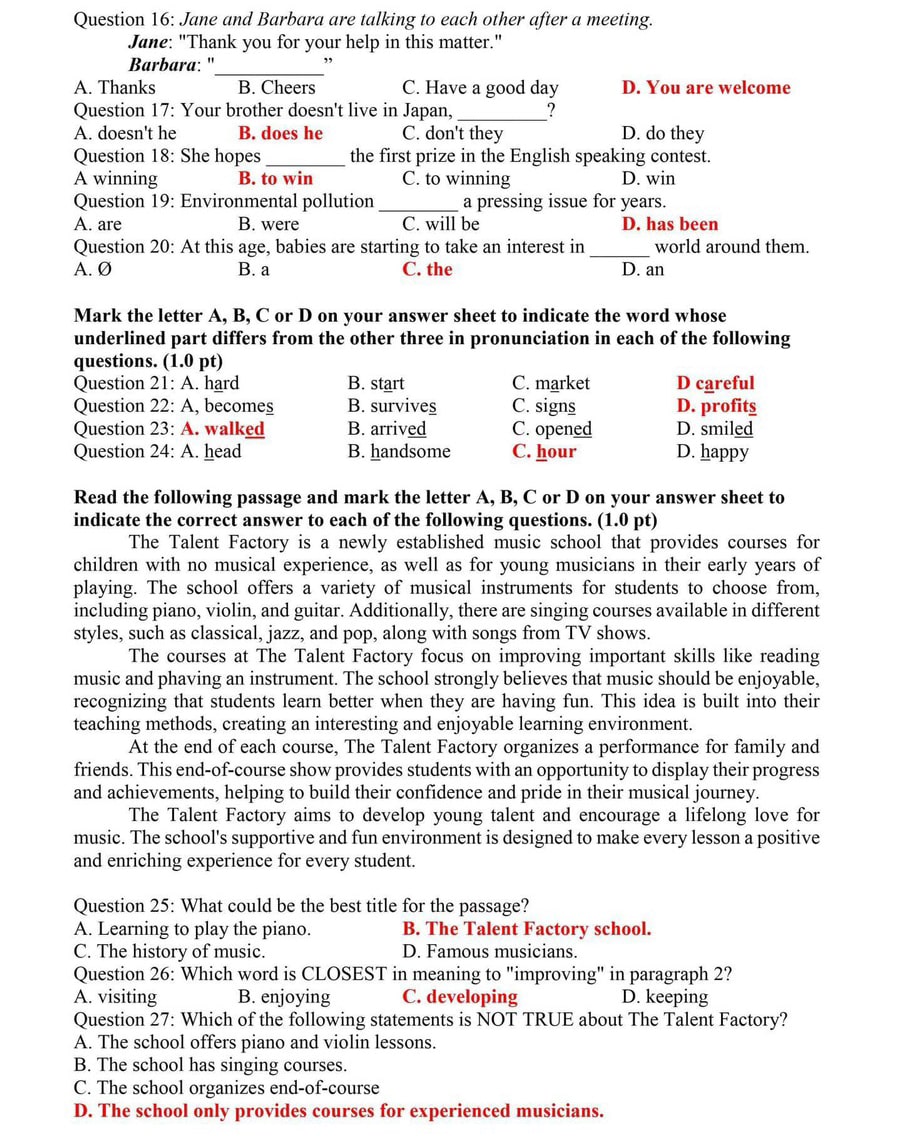 Đề thi Tiếng Anh vào 10 Bắc Giang 2024