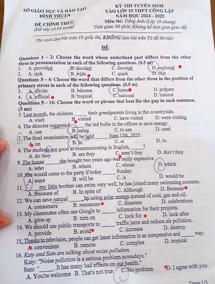 Đề thi tuyển sinh lớp 10 môn Anh Bình Thuận 2024