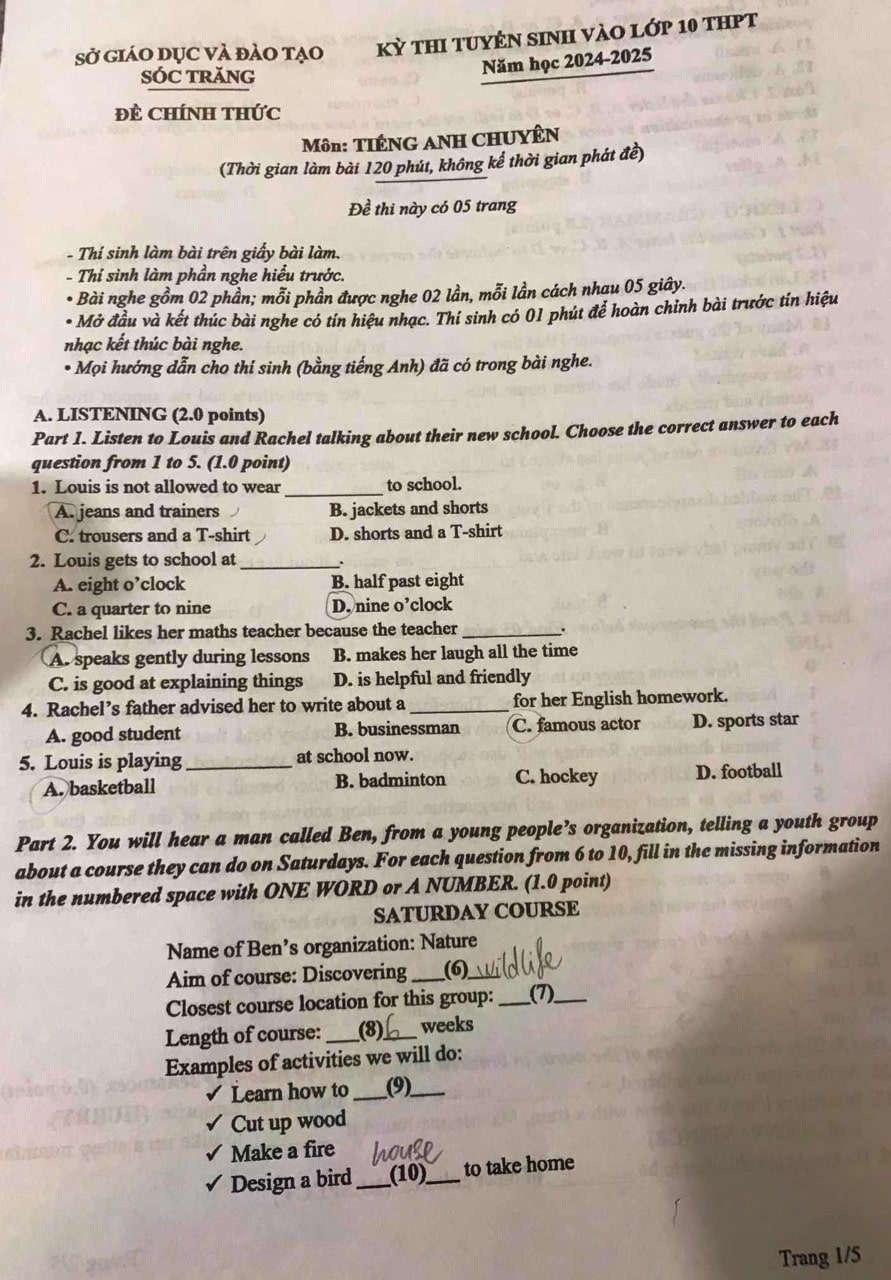Đề thi tuyển sinh lớp 10 môn Anh Sóc Trăng 2024-2025