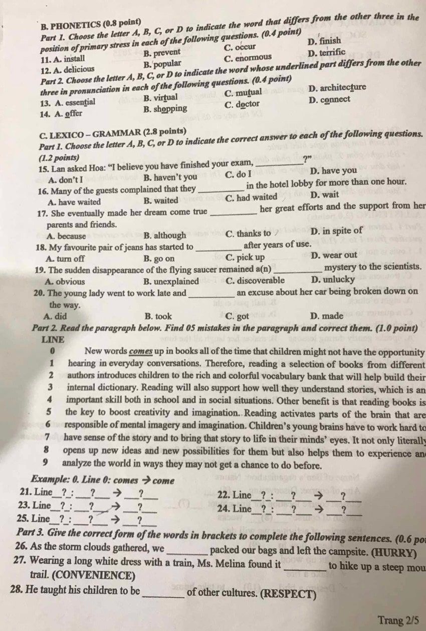 Đề thi tuyển sinh lớp 10 môn Anh Sóc Trăng 2024-2025