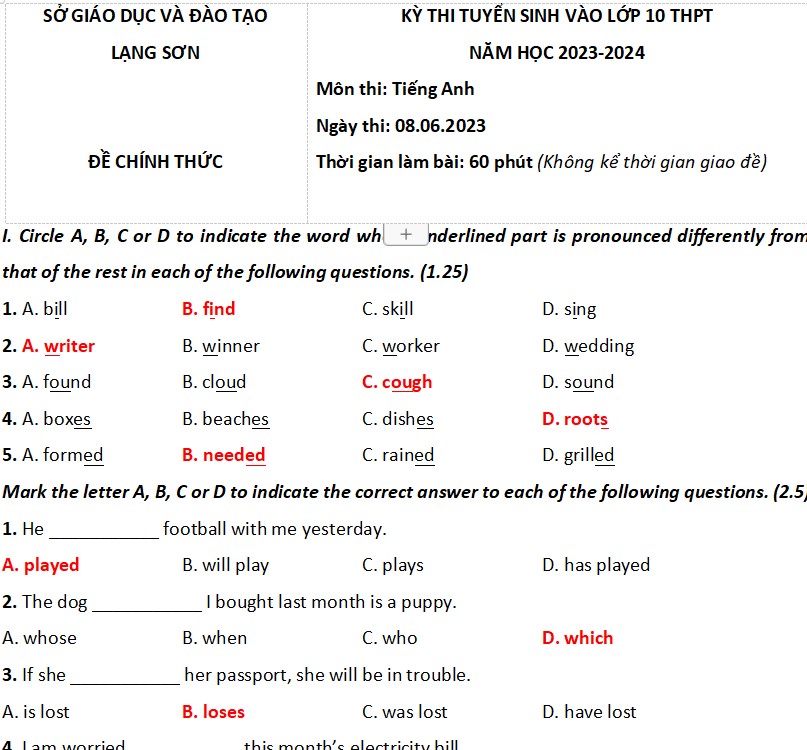 Đáp án đề thi tuyển sinh lớp 10 môn Tiếng Anh Lạng Sơn 2023