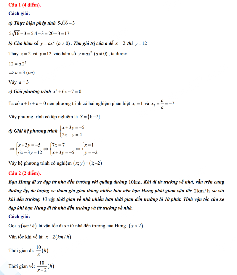 Đáp án đề Toán vào 10 Cao Bằng 2024