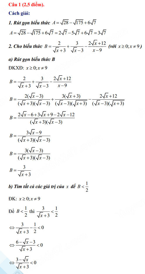 Đáp án đề thi tuyển sinh lớp 10 môn Toán Quảng Bình 2024