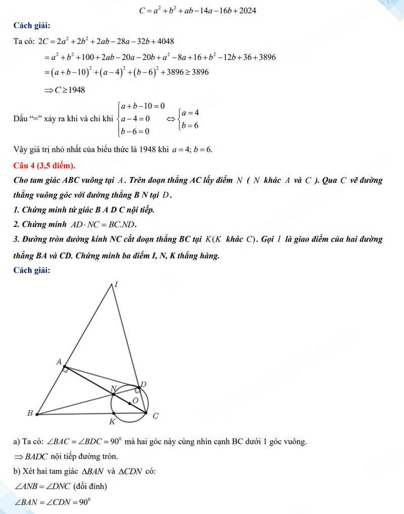 Đáp án đề thi tuyển sinh lớp 10 môn Toán Quảng Bình 2024