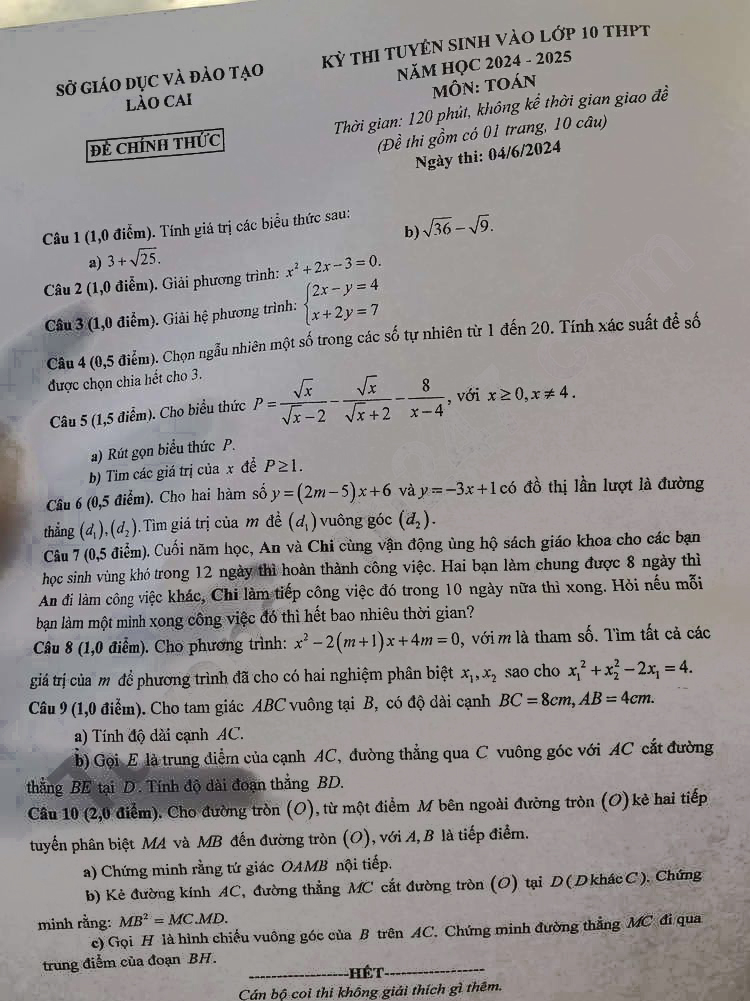 Đề thi tuyển sinh lớp 10 môn Toán Lào Cai 2024