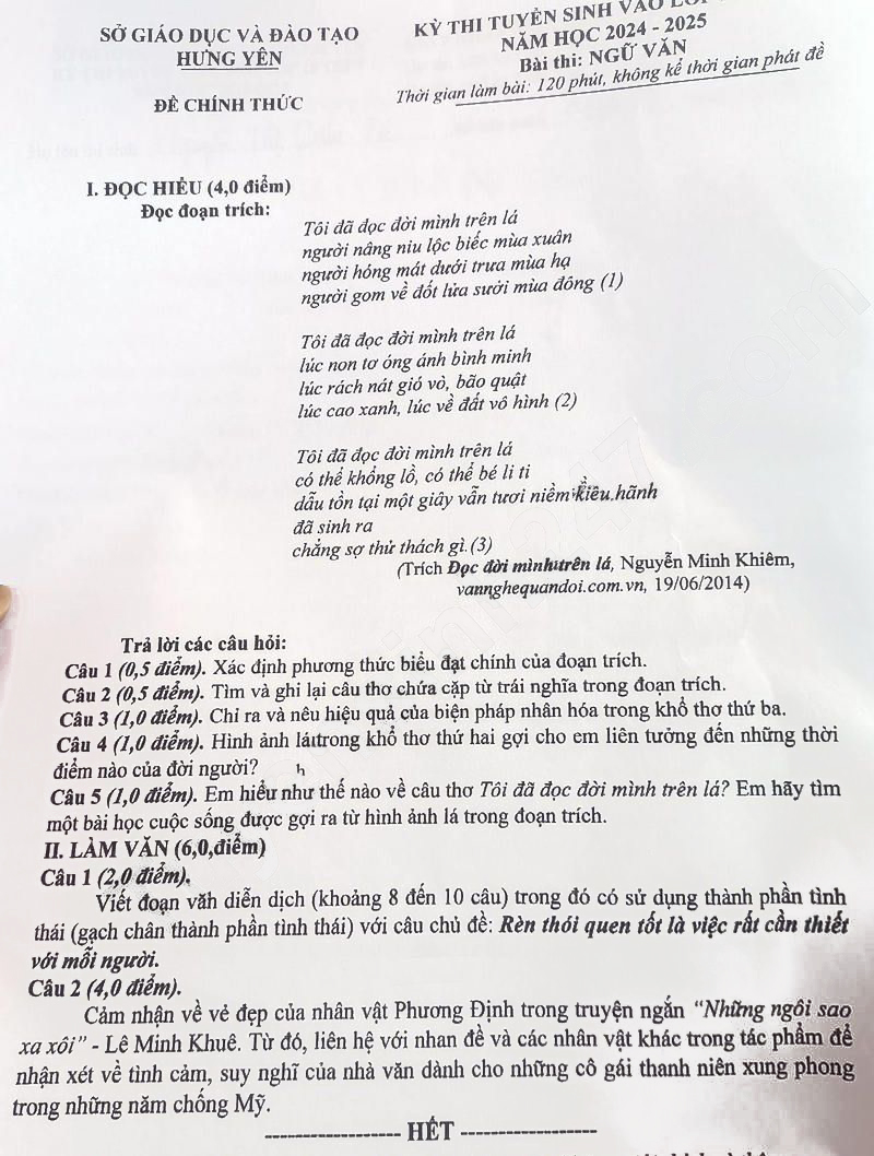 Đề thi Văn vào 10 Hưng Yên 2024-2025