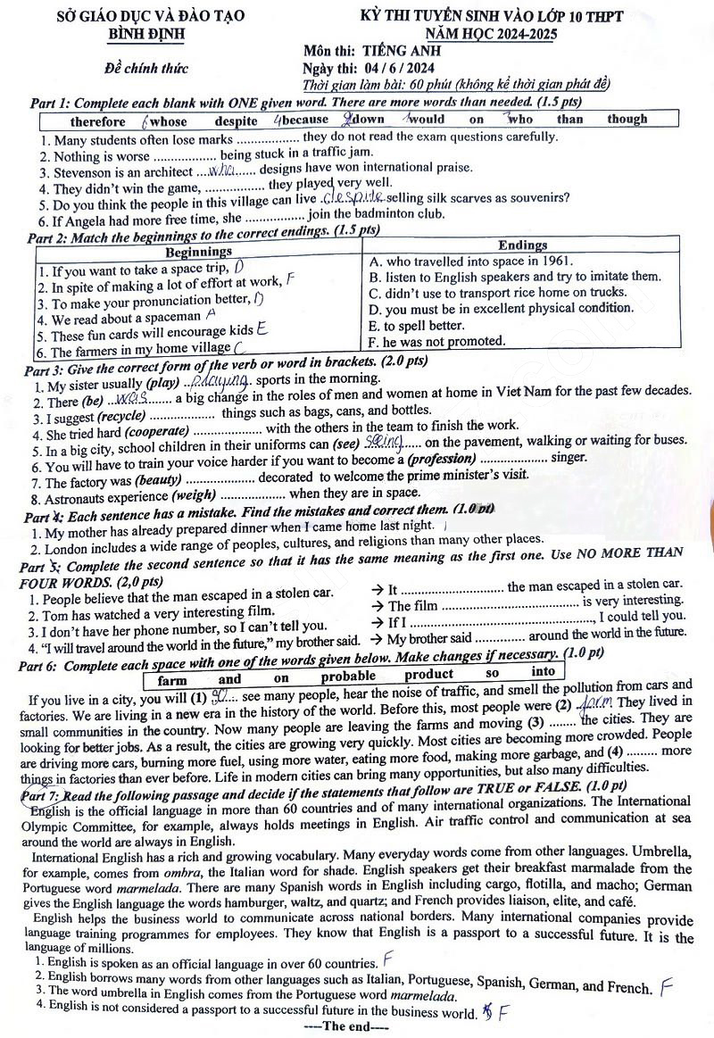 Đề thi tuyển sinh lớp 10 môn Anh Bình Định 2024-2025