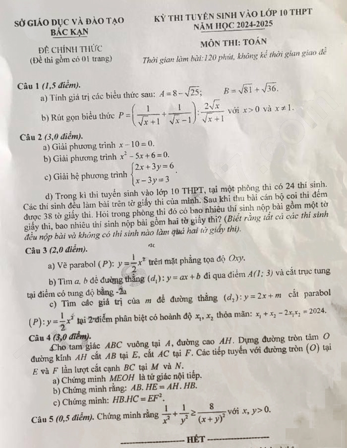 Đề Toán thi vào 10 Bắc Kạn 2024