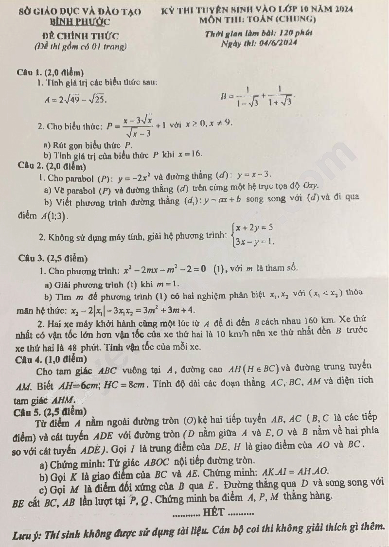 Đề thi tuyển sinh lớp 10 môn Toán Bình Phước 2024