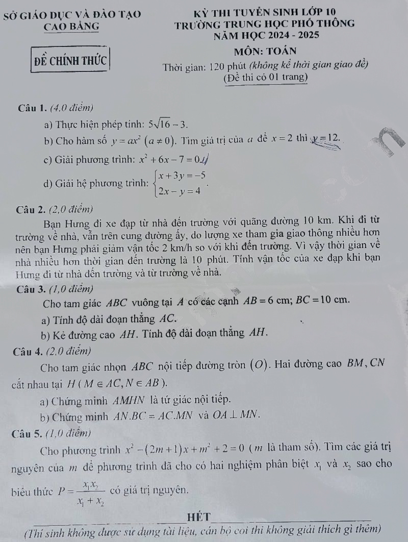 Đề thi tuyển sinh lớp 10 môn Toán Cao Bằng 2024-2025