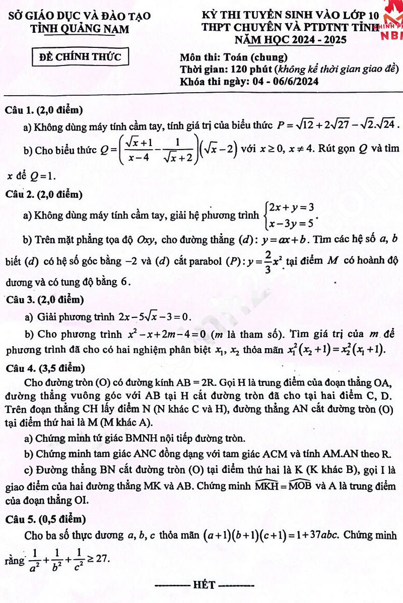 Đề thi tuyển sinh lớp 10 môn Toán Quảng Nam 2024-2025