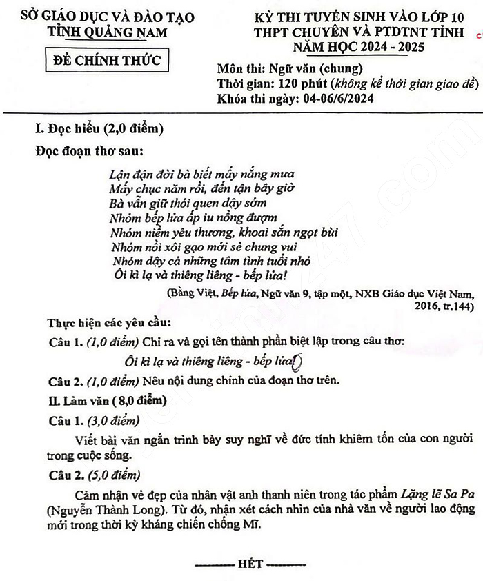 Đề thi tuyển sinh lớp 10 môn Văn Quảng Nam 2024-2025
