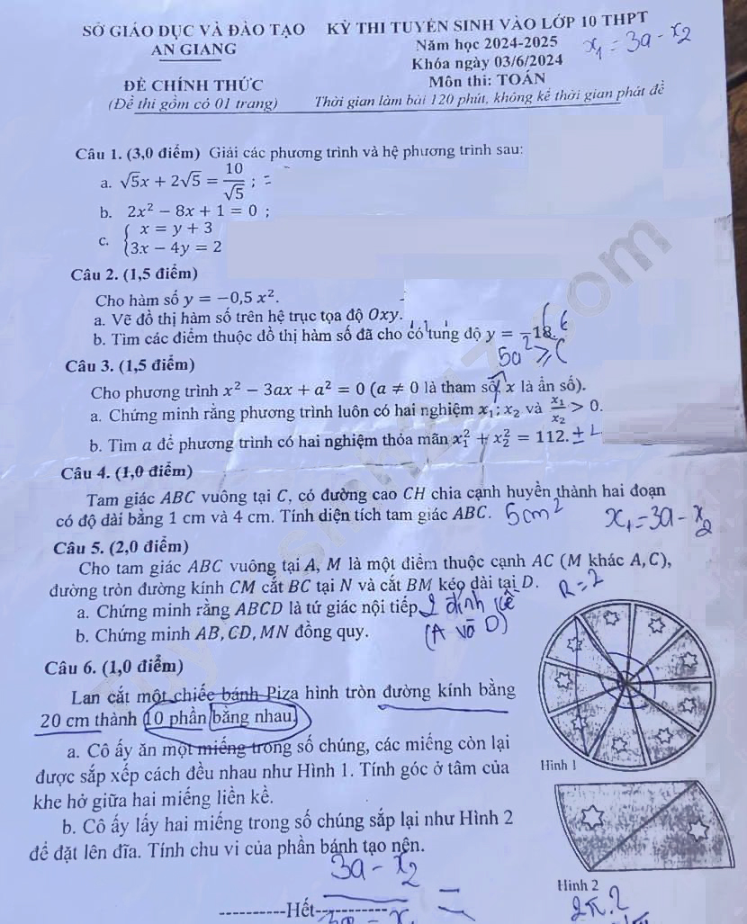 Đề thi tuyển sinh lớp 10 môn Toán An Giang 2024