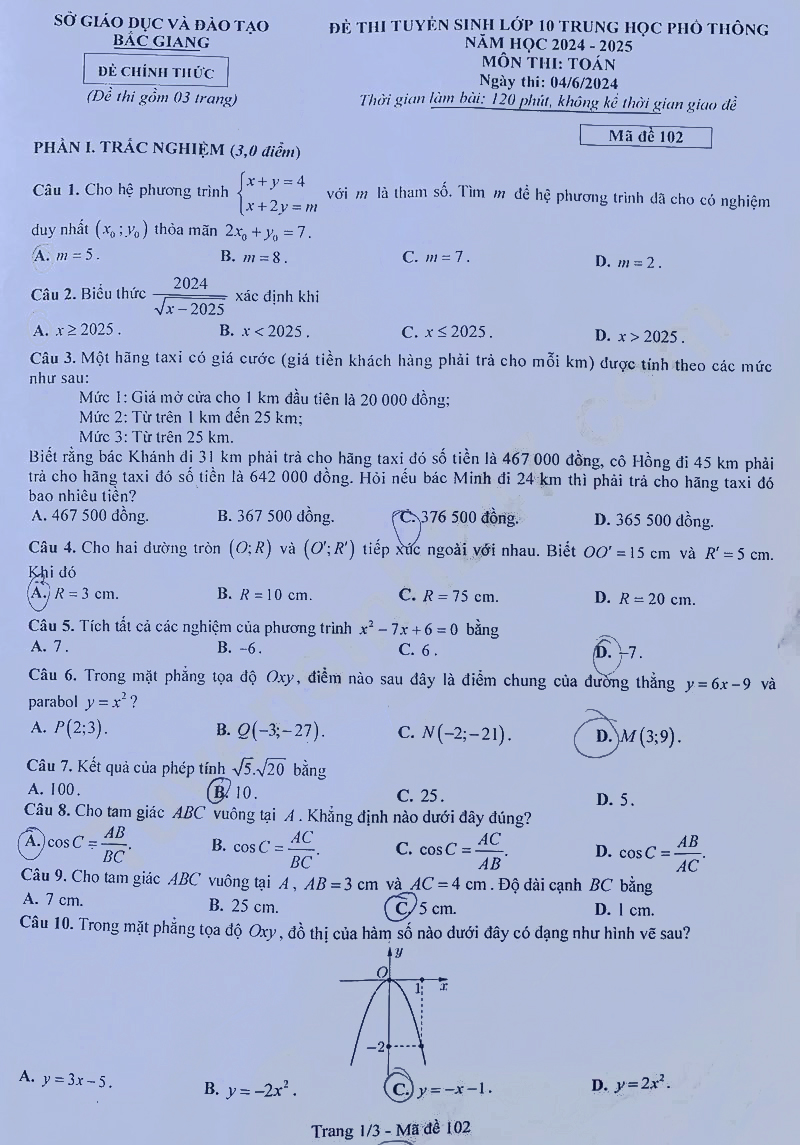 Đề thi tuyển sinh lớp 10 môn Toán Bắc Giang 2024