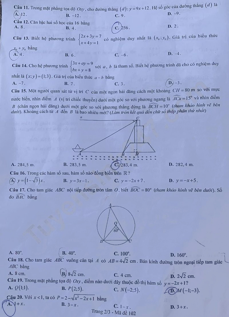 Đề thi tuyển sinh lớp 10 môn Toán Bắc Giang 2024
