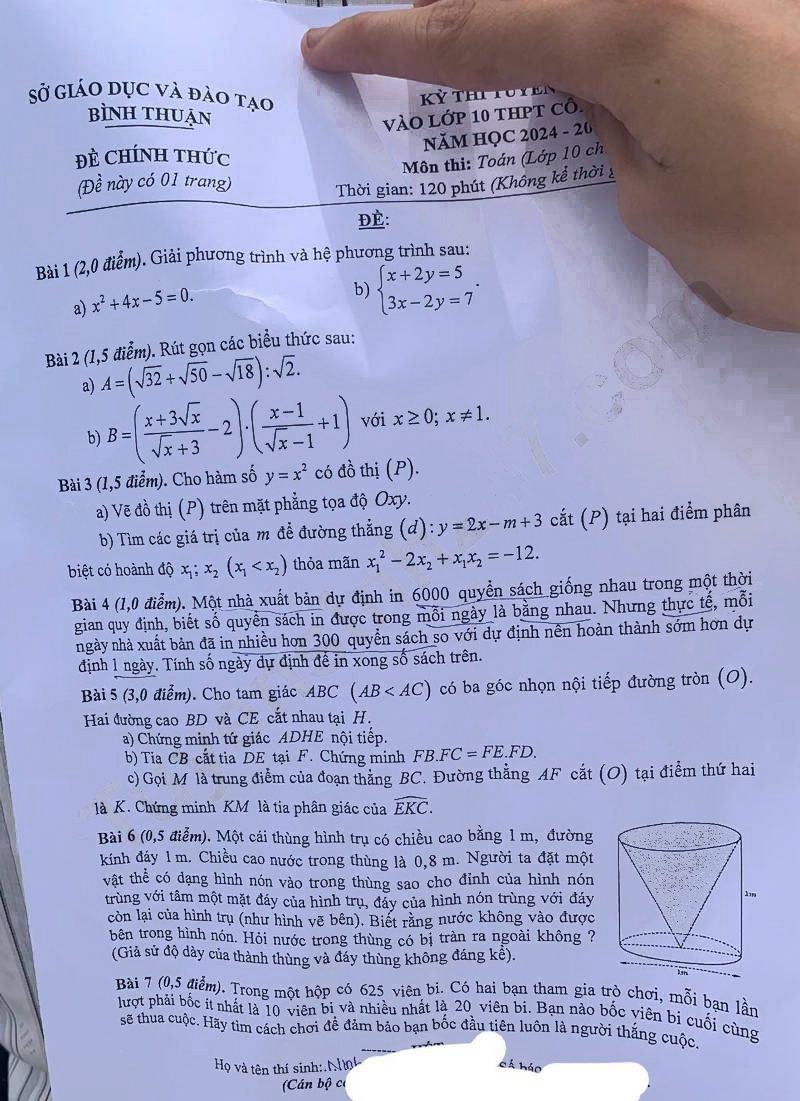 Đề thi tuyển sinh lớp 10 môn Toán Bình Thuận 2024