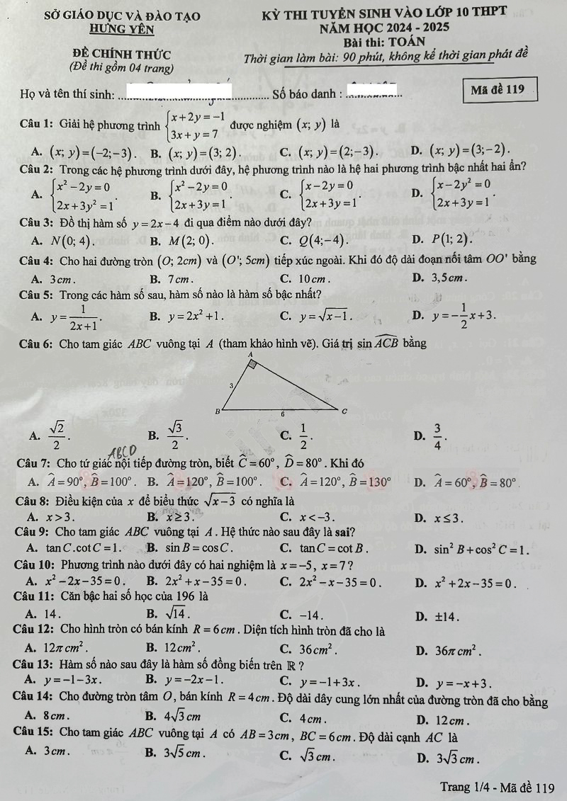 Đề thi tuyển sinh lớp 10 môn Toán Hưng Yên 2024-2025