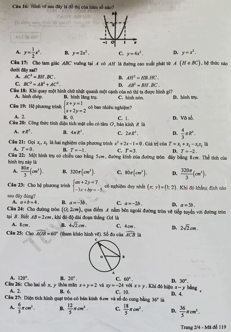 Đề thi tuyển sinh lớp 10 môn Toán Hưng Yên 2024-2025