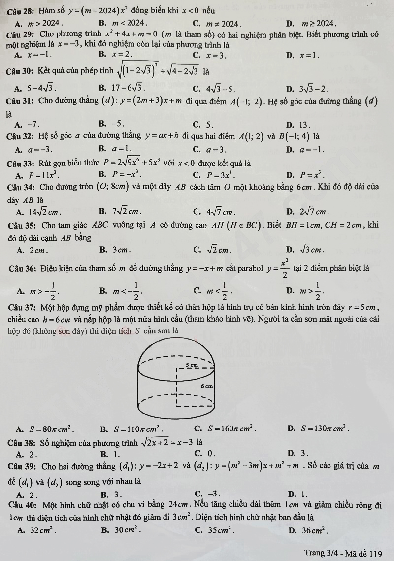 Đề thi tuyển sinh lớp 10 môn Toán Hưng Yên 2024-2025