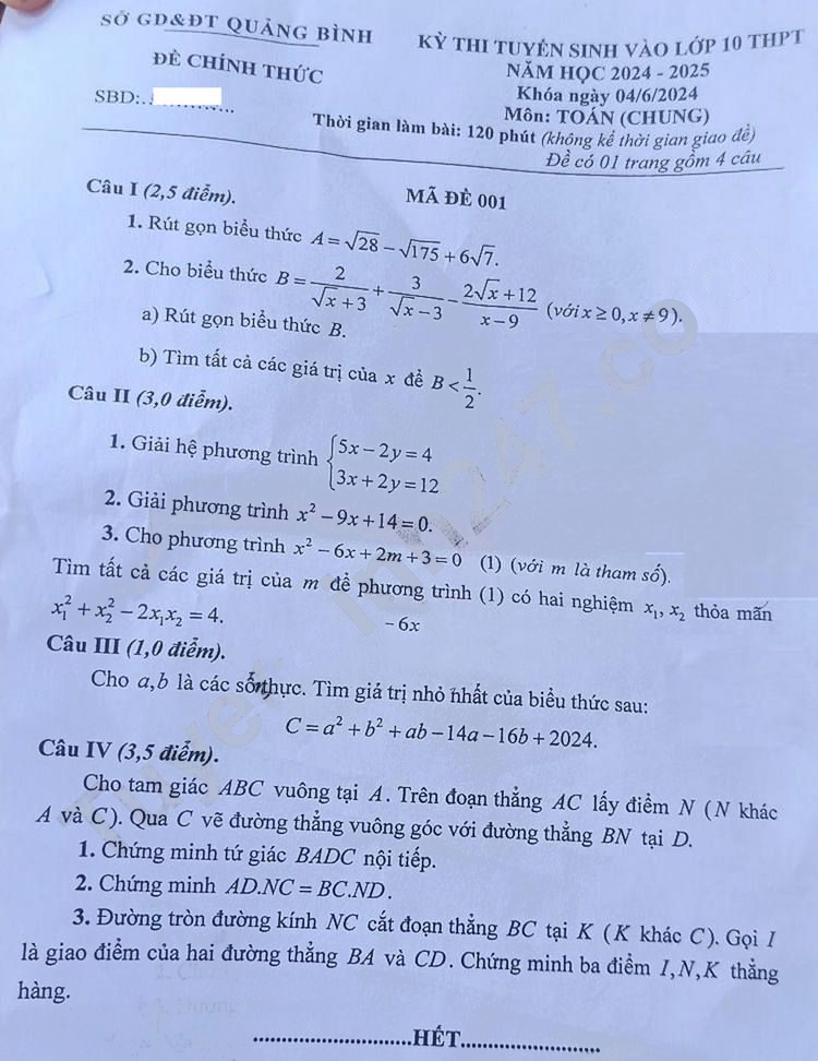 Đề thi tuyển sinh lớp 10 môn Toán Quảng Bình 2024