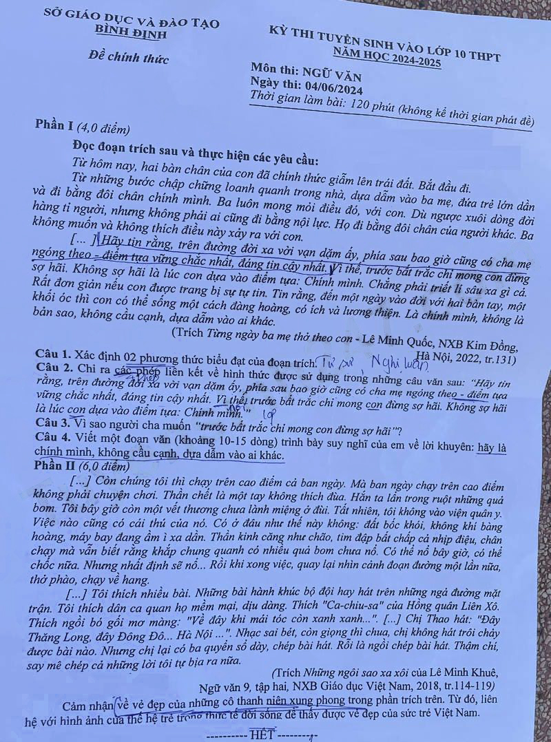 Đề thi tuyển sinh lớp 10 môn Văn Bình Định 2024