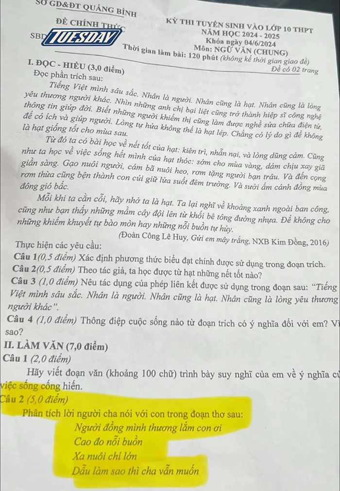 Đề thi tuyển sinh lớp 10 môn Văn Quảng Bình 2024-2025