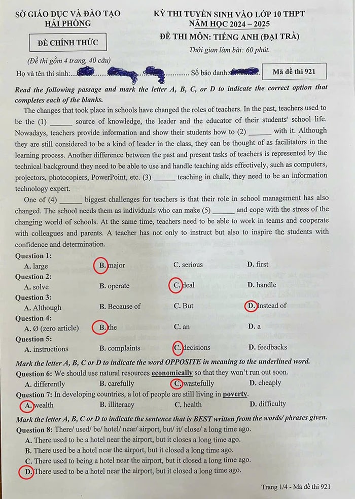 Đề thi tiếng Anh vào 10 Hải Phòng 2024-2025