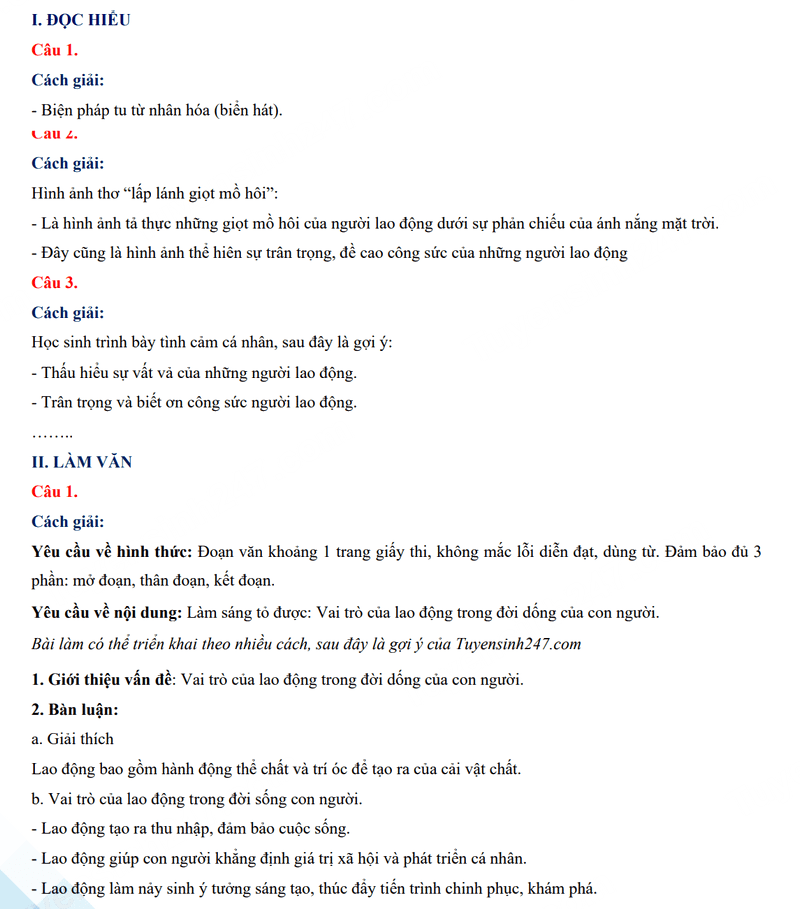 Đáp án đề thi vào 10 môn Văn Vũng Tàu 2024