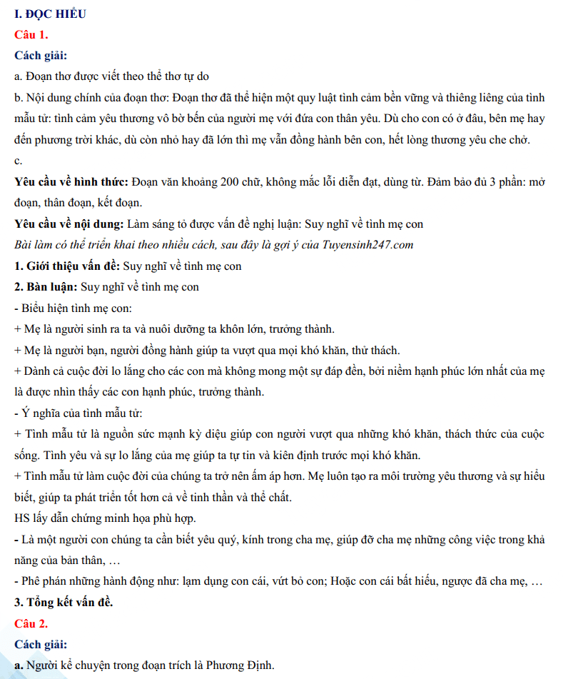 Đáp án đề thi tuyển sinh lớp 10 môn Văn Bến Tre 2024