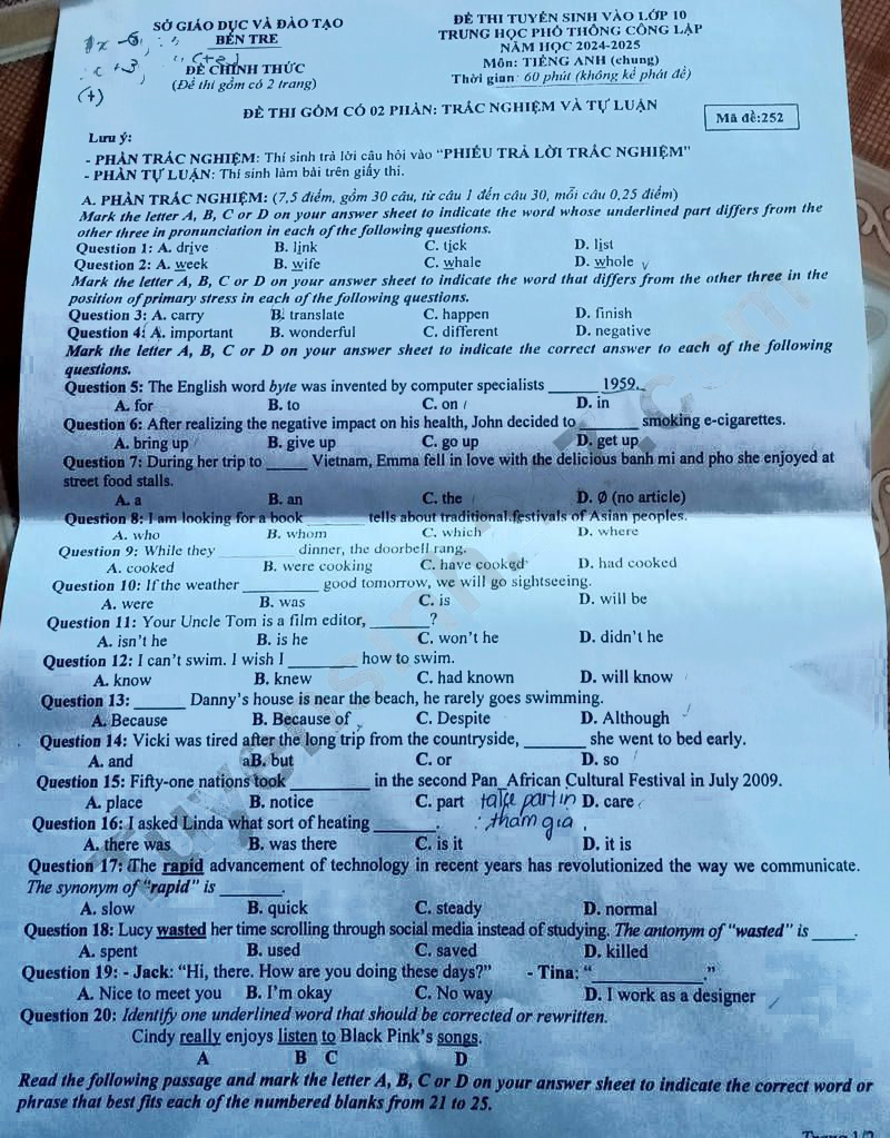 Đề thi tuyển sinh lớp 10 môn Tiếng Anh Bến Tre 2024