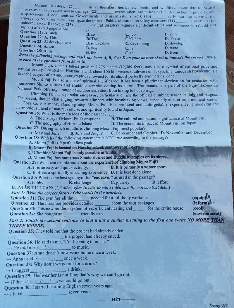 Đề thi tuyển sinh lớp 10 môn Tiếng Anh Bến Tre 2024