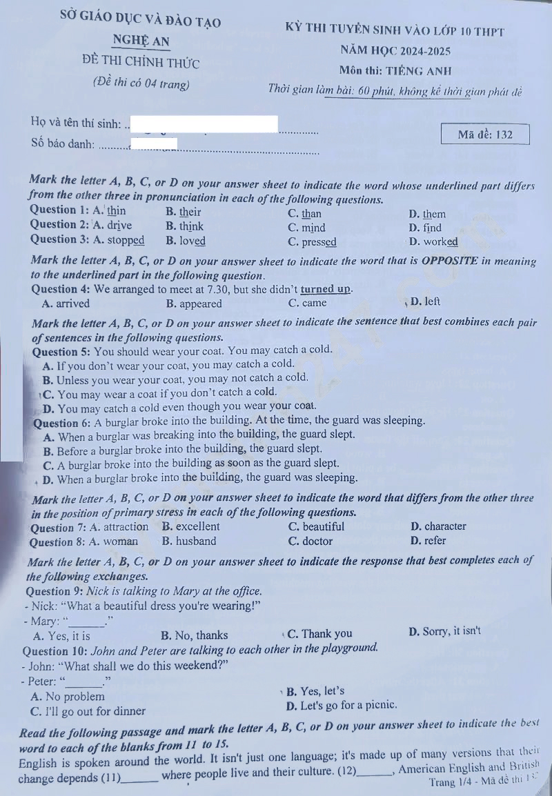 Đáp án đề thi tuyển sinh lớp 10 môn Anh Nghệ An 2024