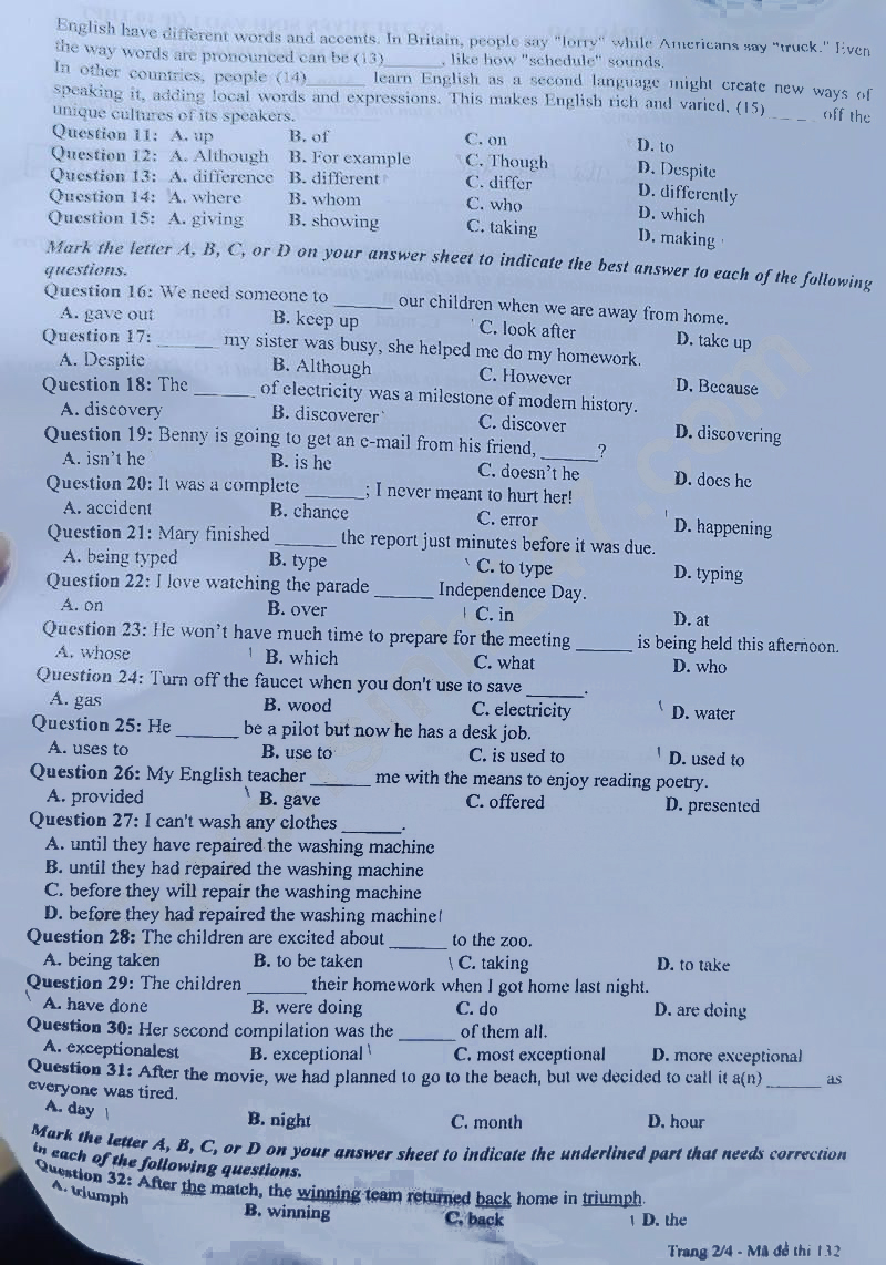Đáp án đề thi tuyển sinh lớp 10 môn Anh Nghệ An 2024