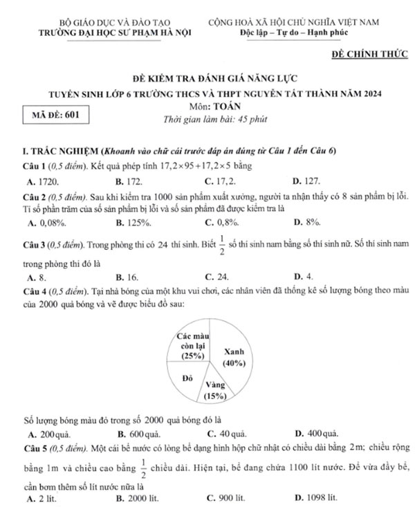Đề thi Toán vào lớp 6 trường Nguyễn Tất Thành 2024