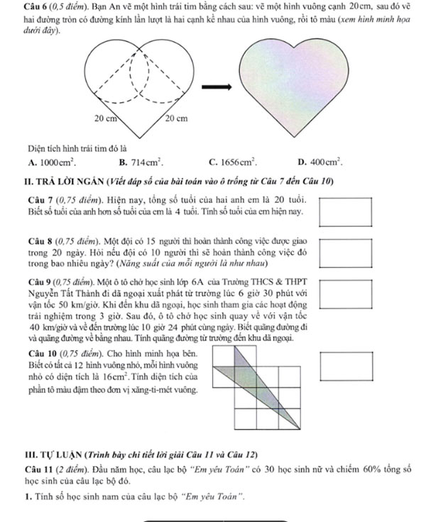 Đề thi Toán vào lớp 6 trường Nguyễn Tất Thành 2024