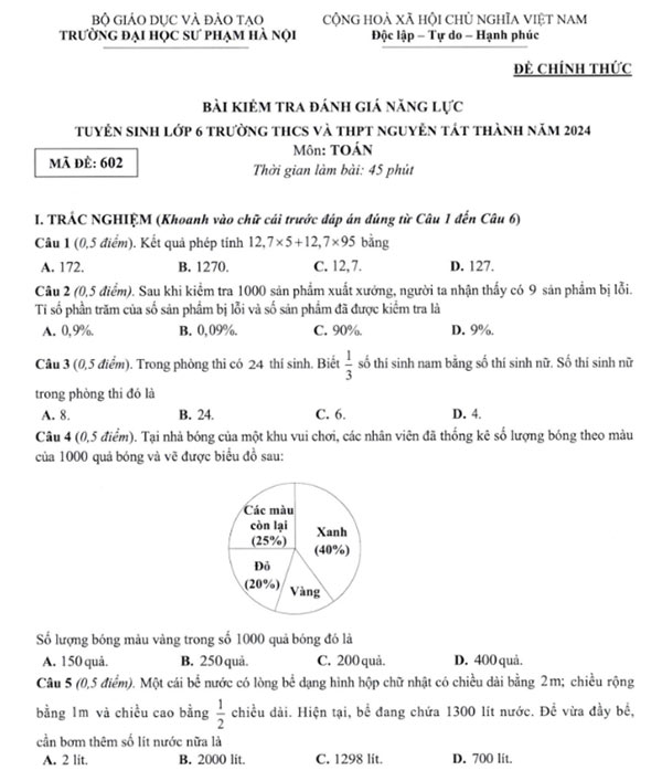 Đề thi tuyển sinh lớp 6 môn Toán trường Nguyễn Tất Thành 2024-2025