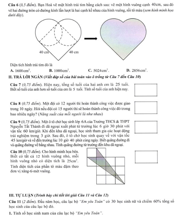 Đề thi tuyển sinh lớp 6 môn Toán trường Nguyễn Tất Thành 2024-2025