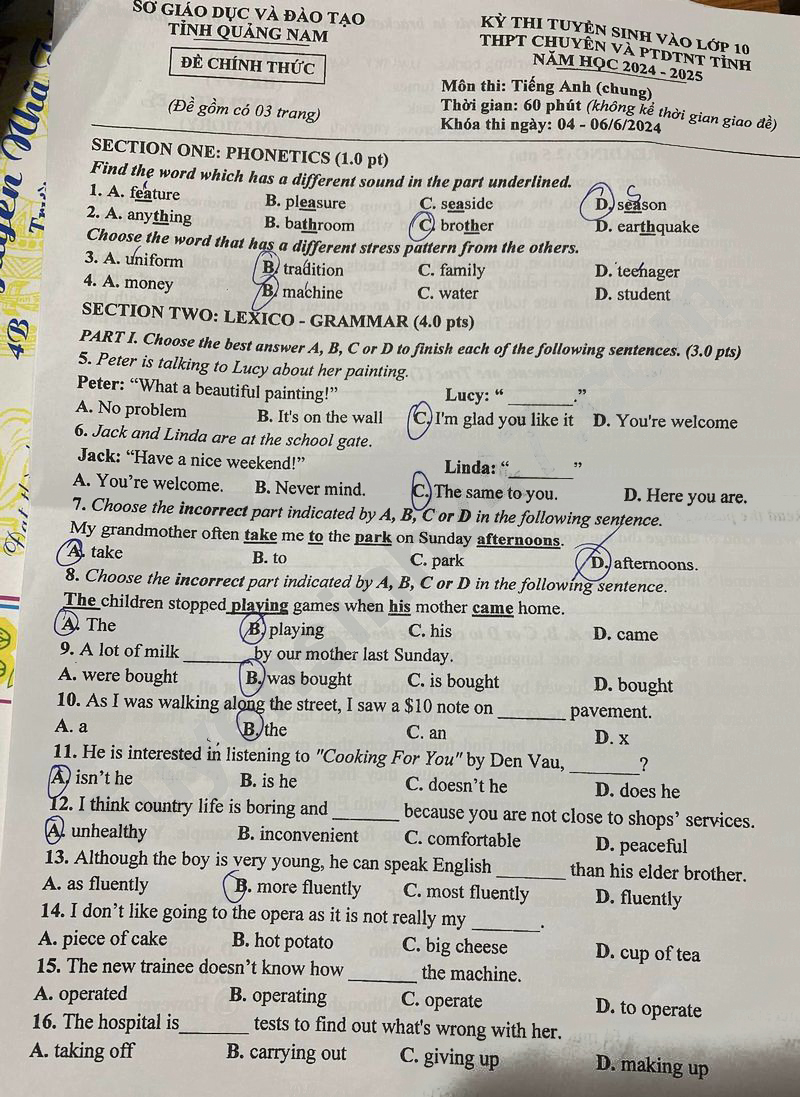 Đề thi tuyển sinh lớp 10 môn Anh Quảng Nam 2024-2025