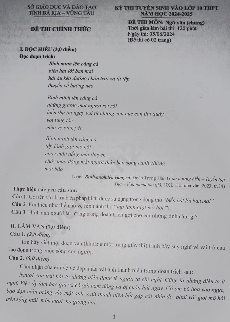 Đề thi tuyển sinh lớp 10 môn Văn Bà Rịa - Vũng Tàu 2024