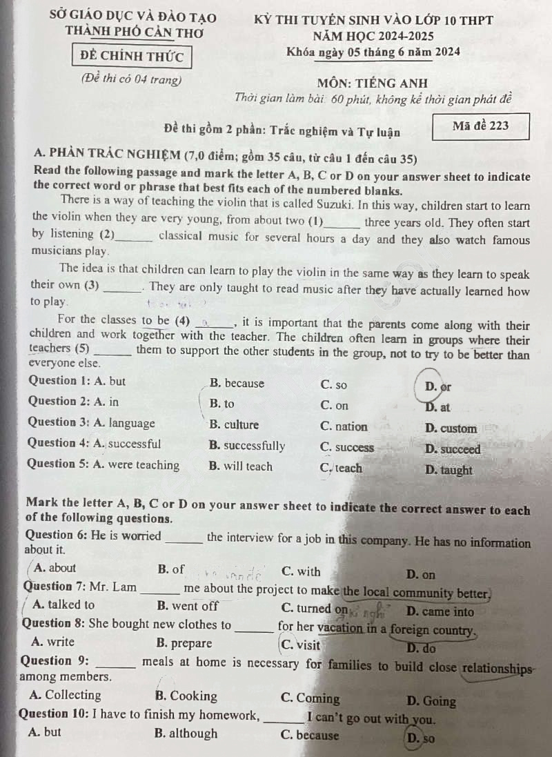 File đề thi tuyển sinh lớp 10 môn Anh Cần Thơ 2024